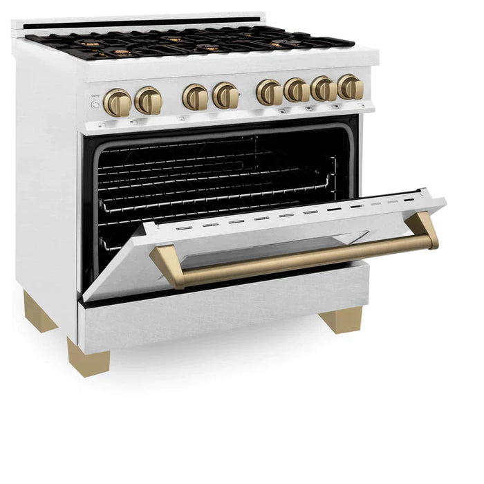 ZLINE Autograph Edition 36 in. 4.6 cu. ft. Range with Gas Stove and Electric Oven in DuraSnow® with Champagne Bronze Accents