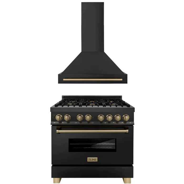 ZLINE Autograph Package - 36 In. Dual Fuel Range and Range Hood in Black Stainless Steel with Champagne Bronze Accents