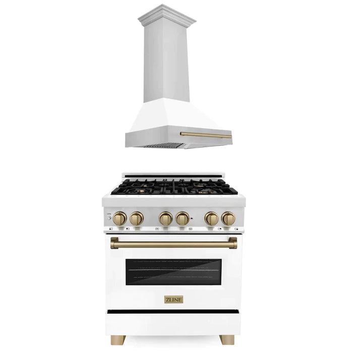 ZLINE Autograph Package - 30 In. Dual Fuel Range and Range Hood with White Matte Door and Accents