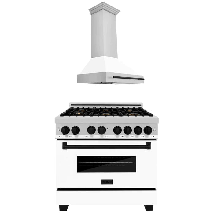 ZLINE Autograph Package - 36 In. Dual Fuel Range and Range Hood with White Matte Door and Accents