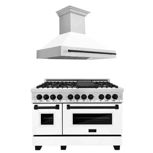 ZLINE Autograph Package - 48 In. Dual Fuel Range and Range Hood with White Matte Door and Accents 1