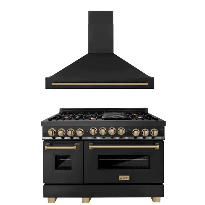 ZLINE Autograph Package - 48 In. Gas Range and Range Hood in Black Stainless Steel with Accents