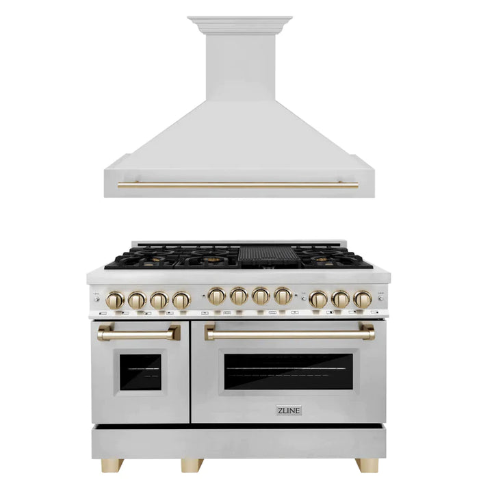 ZLINE Autograph Package - 48 In. Gas Range and Range Hood in Stainless Steel with Accents