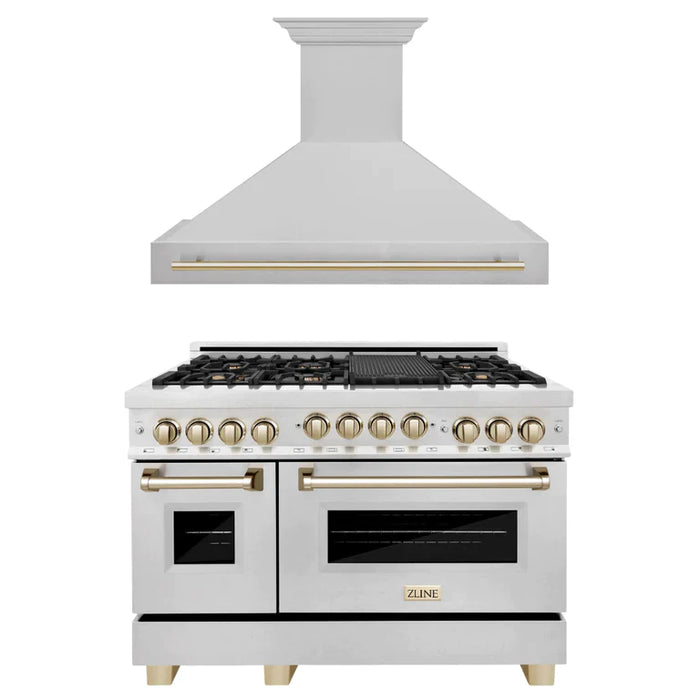ZLINE 48" Autograph Edition Kitchen Package with DuraSnow® Stainless Steel Gas Range and Range Hood with Accents