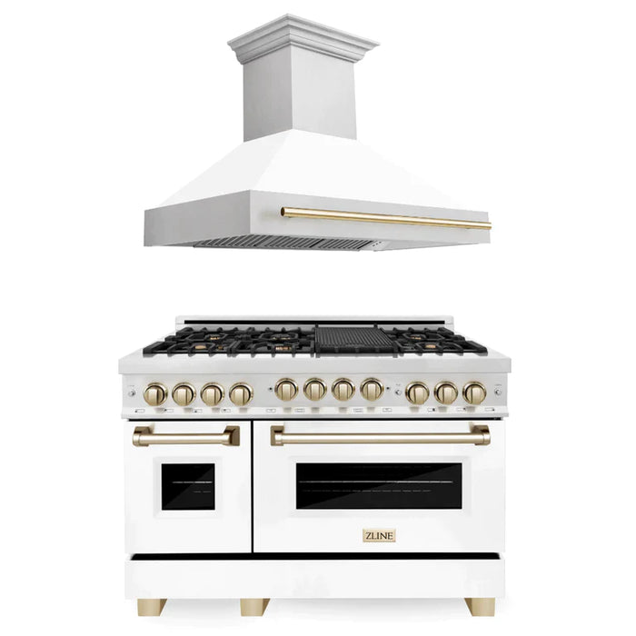 ZLINE Autograph Package - 48 In. Gas Range and Range Hood in DuraSnow® Stainless Steel with White Matte Door and Accents