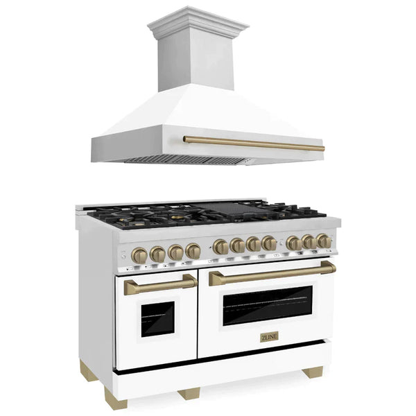 ZLINE Autograph Package - 48 In. Gas Range and Range Hood in Stainless Steel with White Matte Door and Accents 1