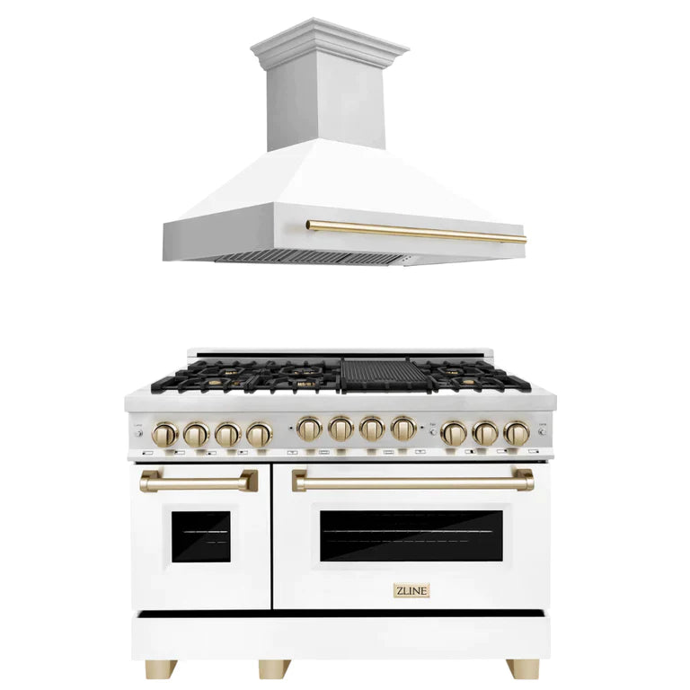 ZLINE Autograph Package - 48 In. Gas Range and Range Hood in Stainless Steel with White Matte Door and Accents 7