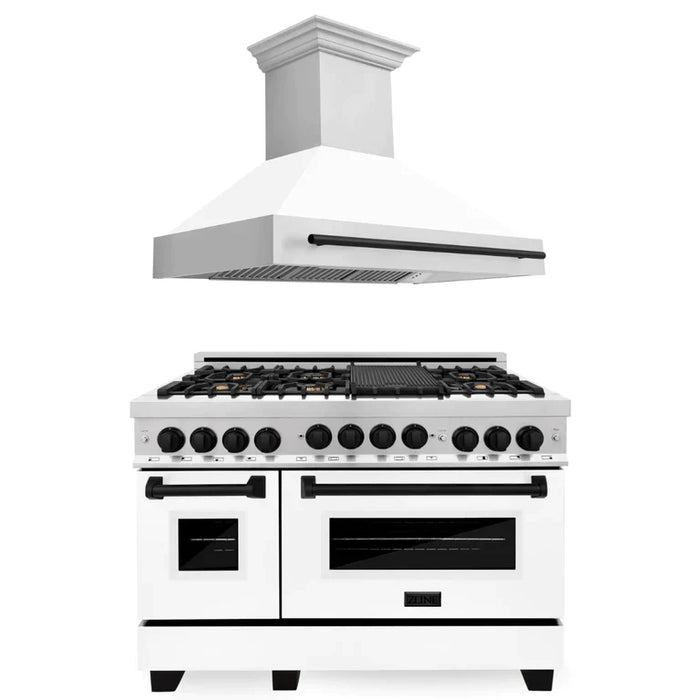 ZLINE Autograph Package - 48 In. Gas Range and Range Hood in Stainless Steel with White Matte Door and Accents