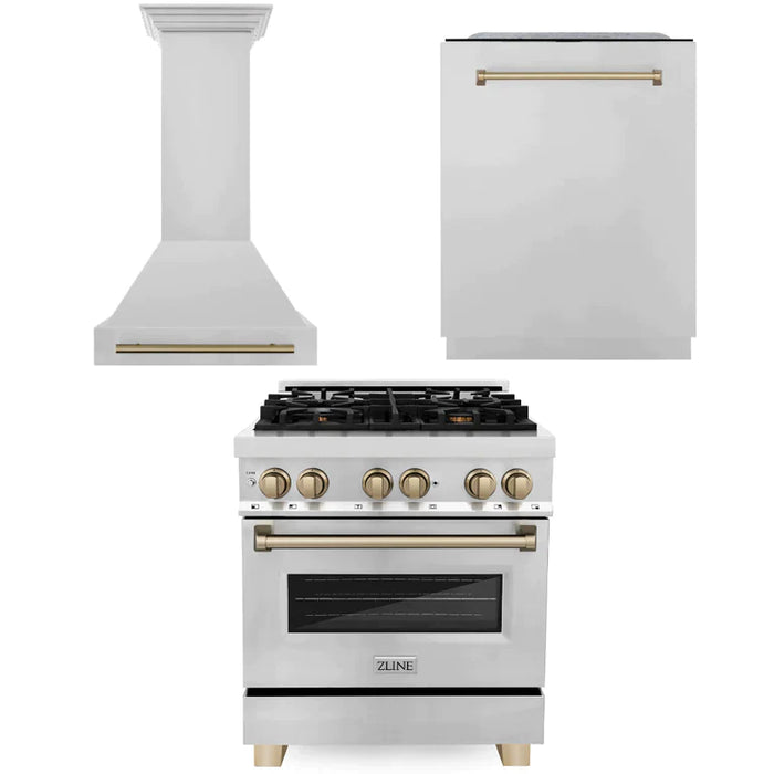 ZLINE Autograph Edition Kitchen Package with Stainless Steel Dual Fuel Range, Range Hood and Dishwasher with Accents