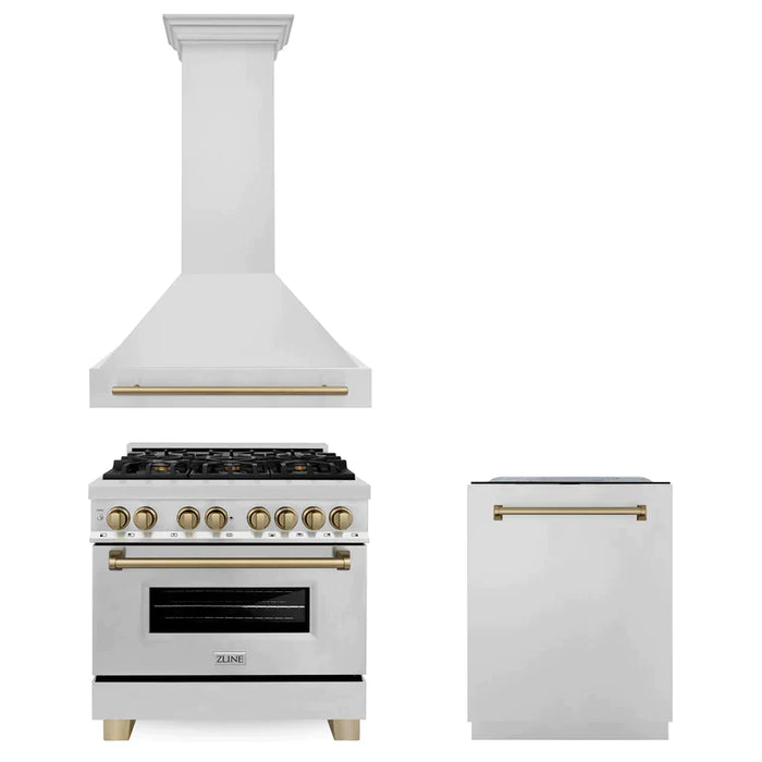 ZLINE Autograph Edition Kitchen Package with Stainless Steel Dual Fuel Range, Range Hood and Dishwasher with Accents