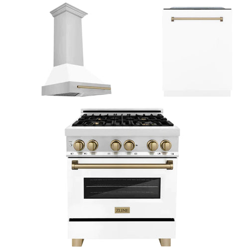 ZLINE Autograph Edition Kitchen Package with Stainless Steel Dual Fuel Range with White Matte Door, Range Hood and Dishwasher with Accents 1