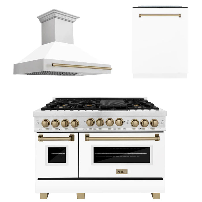 ZLINE Autograph Package - 48 In. Gas Range, Range Hood, and Dishwasher with White Matte Door and Accents