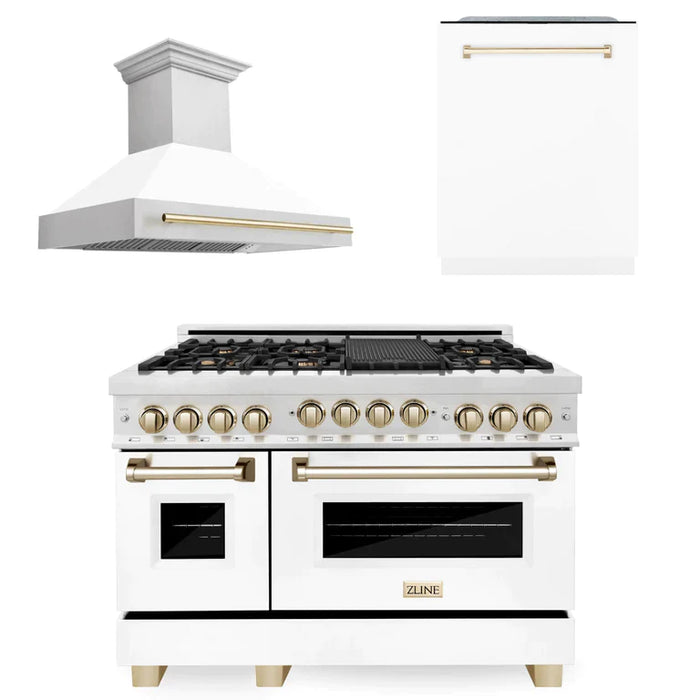 ZLINE Autograph Package - 48 In. Gas Range, Range Hood, and Dishwasher with White Matte Door and Accents