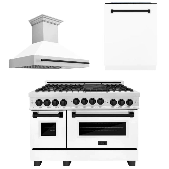 ZLINE Autograph Package - 48 In. Gas Range, Range Hood, and Dishwasher with White Matte Door and Accents