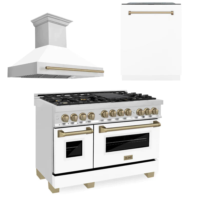 ZLINE 48" Autograph Edition Kitchen Package with Stainless Steel Gas Range with White Matte Door, Range Hood and Dishwasher with Accents