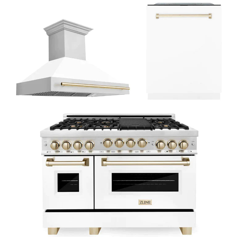 ZLINE 48" Autograph Edition Kitchen Package with Stainless Steel Gas Range with White Matte Door, Range Hood and Dishwasher with Accents 8