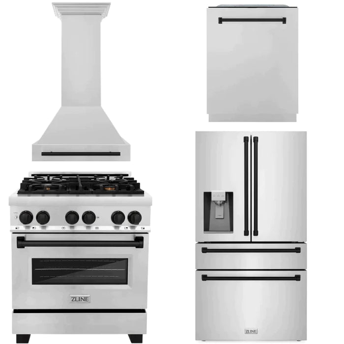 ZLINE 30" Autograph Edition Kitchen Package with Stainless Steel Dual Fuel Range, Range Hood, Dishwasher and Refrigeration with Accents