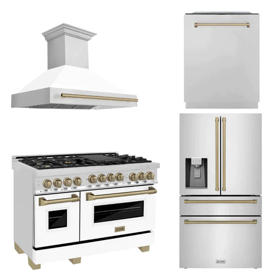 ZLINE 48" Autograph Edition Kitchen Package with Stainless Steel Gas Range with White Matte Door, Range Hood, Dishwasher and Refrigeration with Accents