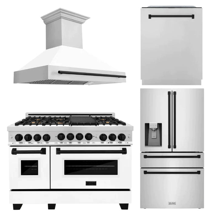 ZLINE 48" Autograph Edition Kitchen Package with Stainless Steel Gas Range with White Matte Door, Range Hood, Dishwasher and Refrigeration with Accents