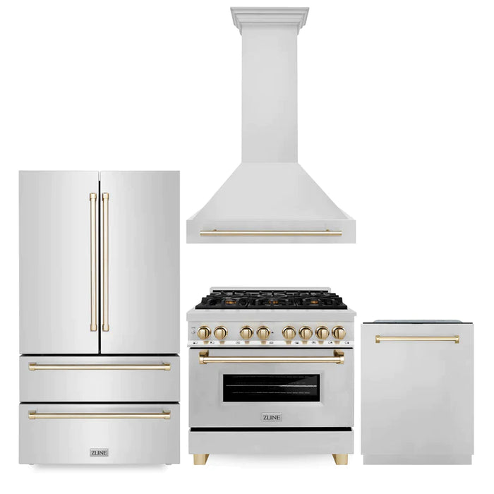 ZLINE 36" Autograph Edition Kitchen Package with Stainless Steel Dual Fuel Range, Range Hood, Dishwasher and Refrigeration with Accents