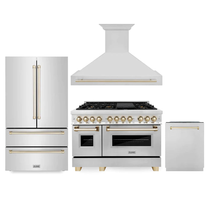 ZLINE 48" Autograph Edition Kitchen Package with Stainless Steel Dual Fuel Range, Range Hood, Dishwasher and Refrigeration with Accents
