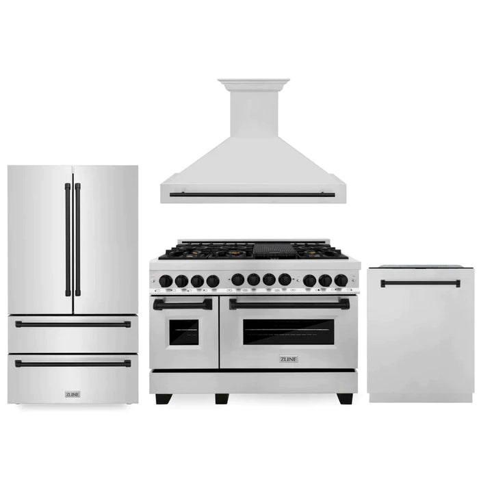 ZLINE 48" Autograph Edition Kitchen Package with Stainless Steel Dual Fuel Range, Range Hood, Dishwasher and Refrigeration with Accents