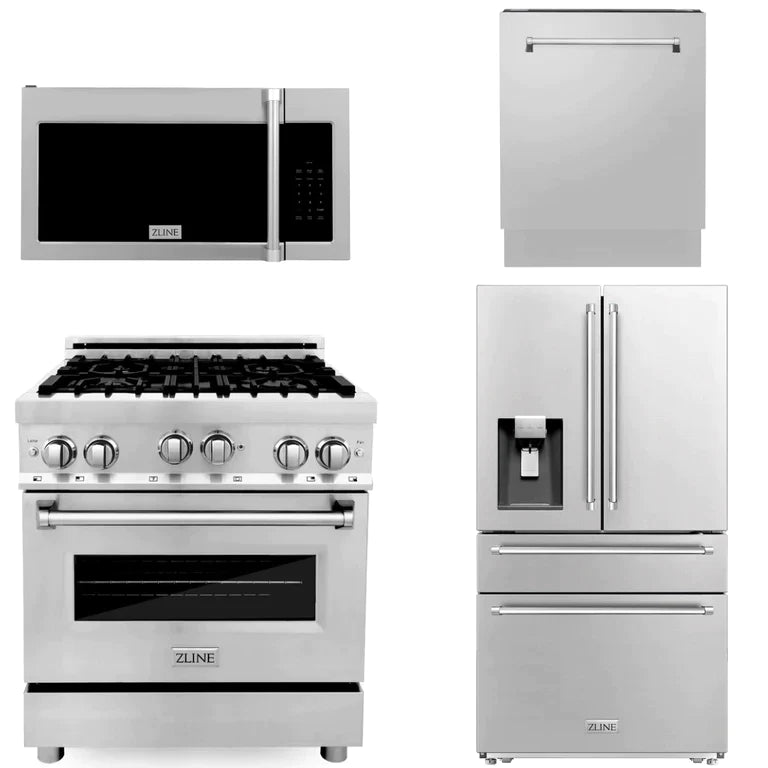 ZLINE Kitchen Package with Water and Ice Dispenser Refrigerator, 30" Gas Range, 30" Over the Range Microwave and 24" Tall Tub Dishwasher 1