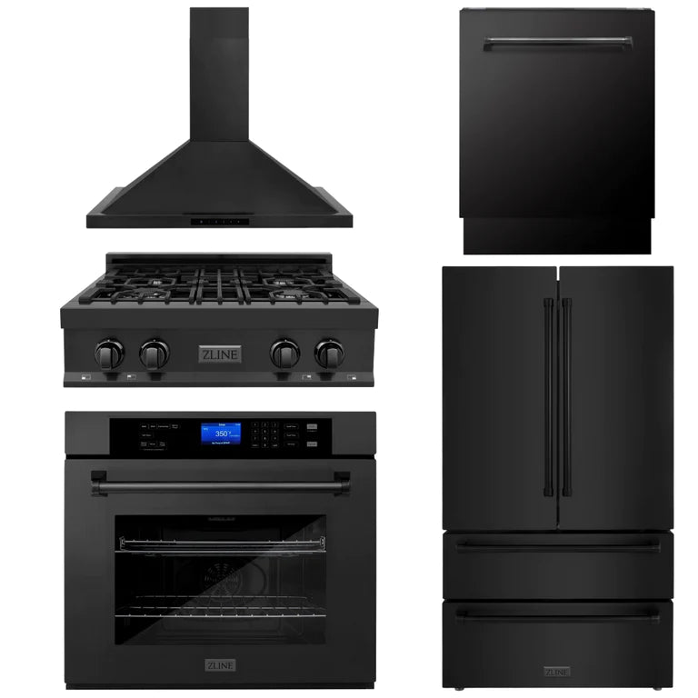ZLINE Kitchen Package with Black Stainless Steel Refrigeration, 30" Rangetop, 30" Range Hood, 30" Single Wall Oven, and 24" Tall Tub Dishwasher 1