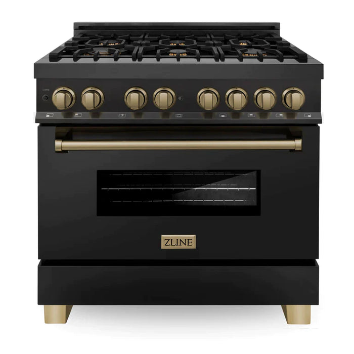 ZLINE Autograph Edition 36 Inch Dual Fuel Range with Gas Stove and Electric Oven in Black Stainless Steel with Champagne Bronze Accents