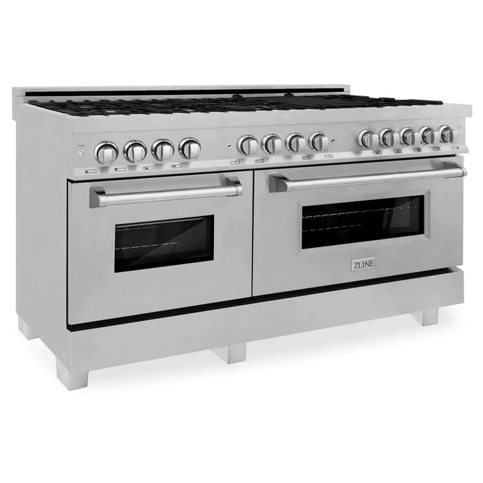 ZLINE 60 in. Professional Gas Burner, 7.6 cu. ft. Electric Oven in DuraSnow® Stainless and Brass Burner Set