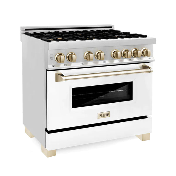 ZLINE Autograph Edition 36 in. 4.6 cu. ft. Dual Fuel Range with Gas Stove/Electric Oven with White Matte Door and Gold Accents 14
