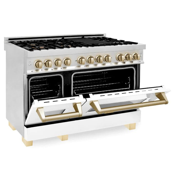 ZLINE Autograph 48 in. Gas Burner/Electric Oven in Stainless Steel, White Matte Door with Gold Accents 1