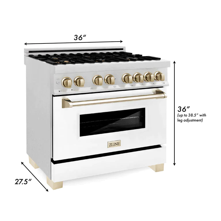 ZLINE Autograph Edition 36 In. Range, Gas Stove and Electric Oven in DuraSnow® Stainless Steel with White Matte Door and Gold Accent 9