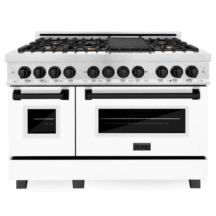 ZLINE Autograph Edition 48 in. 6.0 cu. ft. Range, Gas Stove/Electric Oven in DuraSnow® with White Matte Door, Matte Black Accents