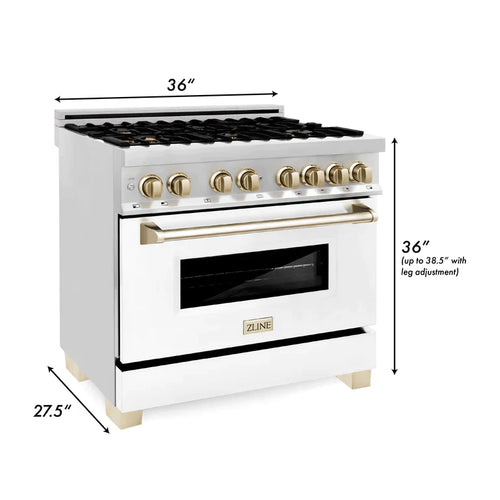 ZLINE Autograph Edition 36 in. 4.6 cu. ft. Dual Fuel Range with Gas Stove/Electric Oven with White Matte Door and Gold Accents 12