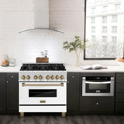 ZLINE Autograph Edition 36 in. Range with Gas Stove, Electric Oven with White Matte Door, Champagne Bronze Accents 1