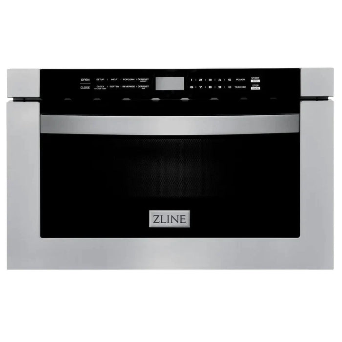ZLINE Kitchen Package with Refrigeration, Stainless Steel Dual Fuel Range, Range Hood, Microwave Drawer, and 24" Tall Tub Dishwasher