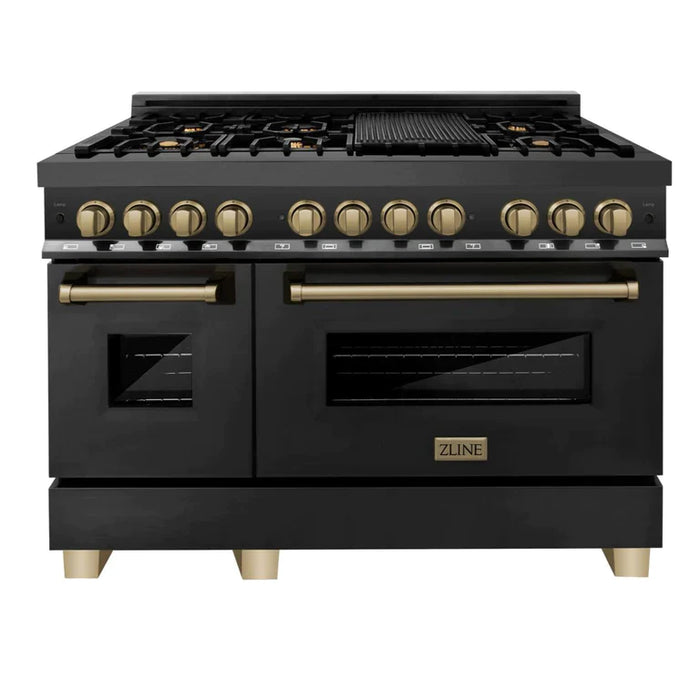 ZLINE Autograph Edition 48 Inch Dual Fuel Range with Gas Stove and Electric Oven in Black Stainless Steel with Champagne Bronze Accents