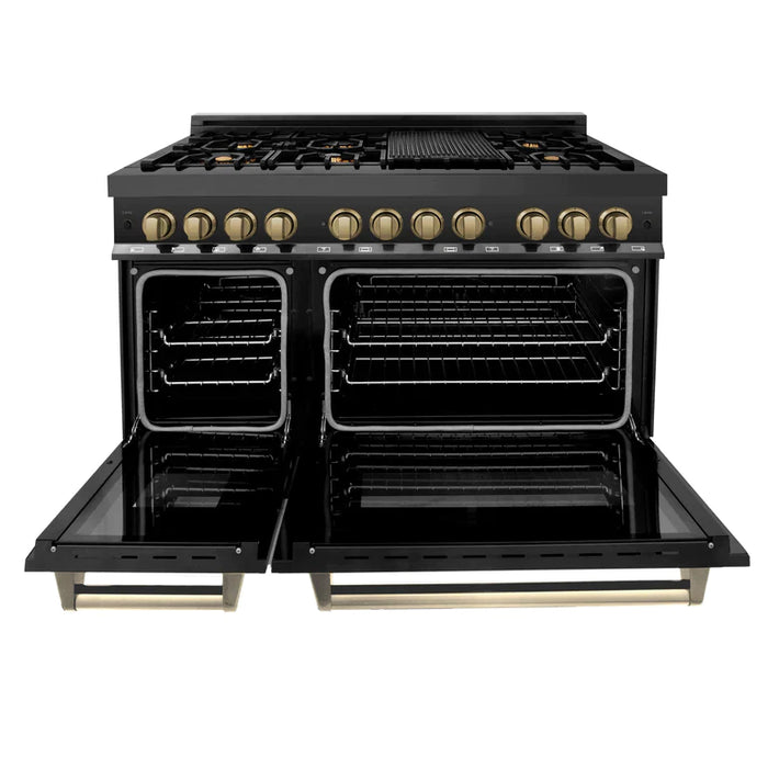 ZLINE Autograph Edition 48 Inch Dual Fuel Range with Gas Stove and Electric Oven in Black Stainless Steel with Champagne Bronze Accents