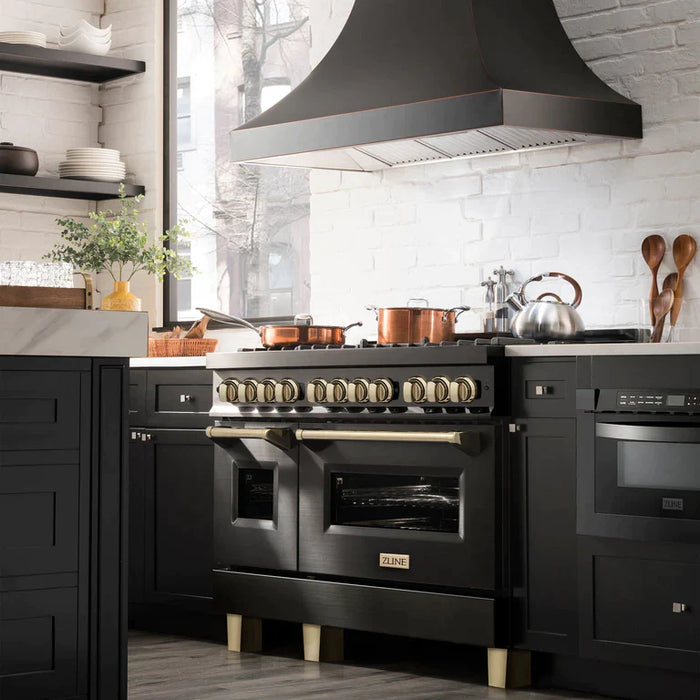 ZLINE Autograph 48 in. Gas Burner/Electric Oven Range in Black Stainless Steel and Gold Accents