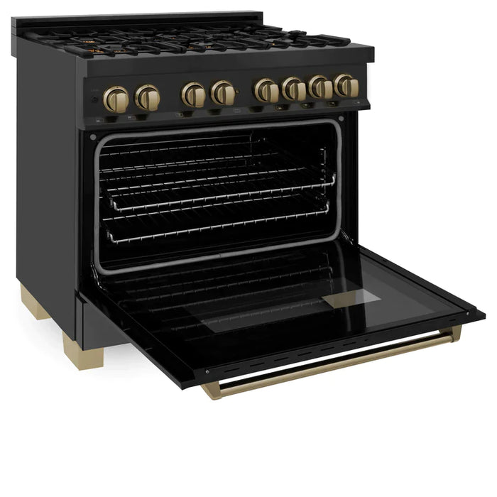 ZLINE Autograph Edition 36 Inch Dual Fuel Range with Gas Stove and Electric Oven in Black Stainless Steel with Champagne Bronze Accents