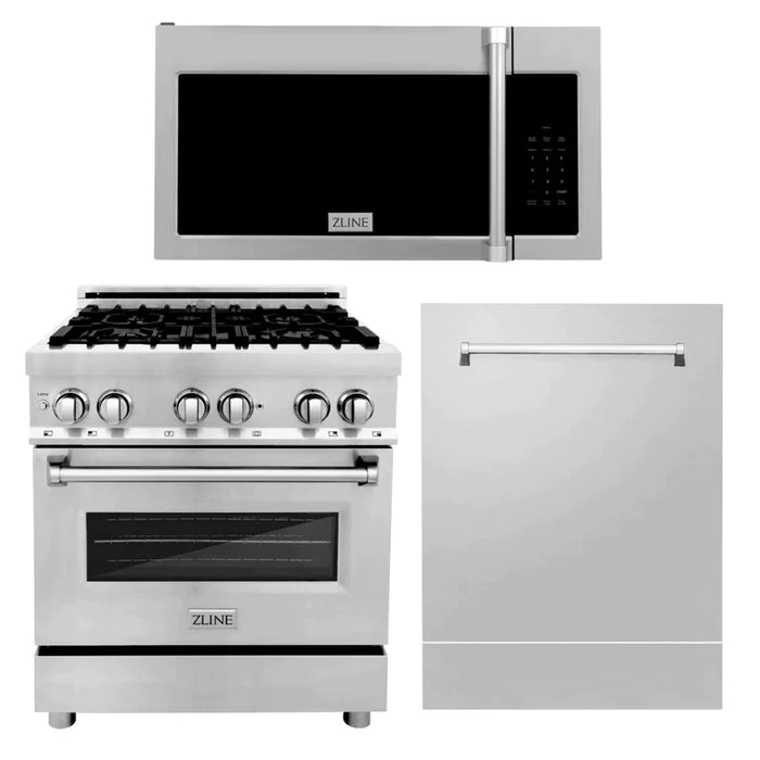 ZLINE 30" Kitchen Package with Stainless Steel Dual Fuel Range, Traditional Over The Range Microwave and Tall Tub Dishwasher