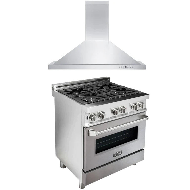 ZLINE Kitchen Package with Stainless Steel Dual Fuel Range with DuraSnow® Door and Convertible Vent Range Hood 1