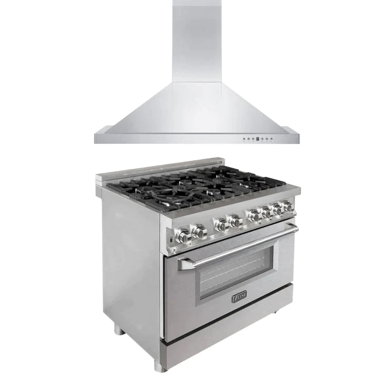 ZLINE Kitchen Package with Stainless Steel Dual Fuel Range with DuraSnow® Door and Convertible Vent Range Hood 8