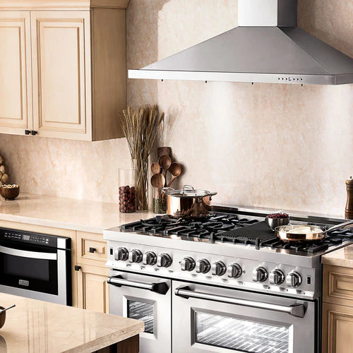 ZLINE Kitchen Package with Stainless Steel Dual Fuel Range, Convertible Vent Range Hood and 24" Microwave Oven 26
