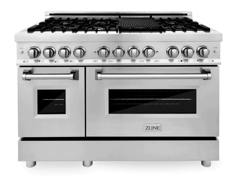 ZLINE 48" Kitchen Package with Stainless Steel Dual Fuel Range, Range Hood, Microwave Drawer and Tall Tub Dishwasher