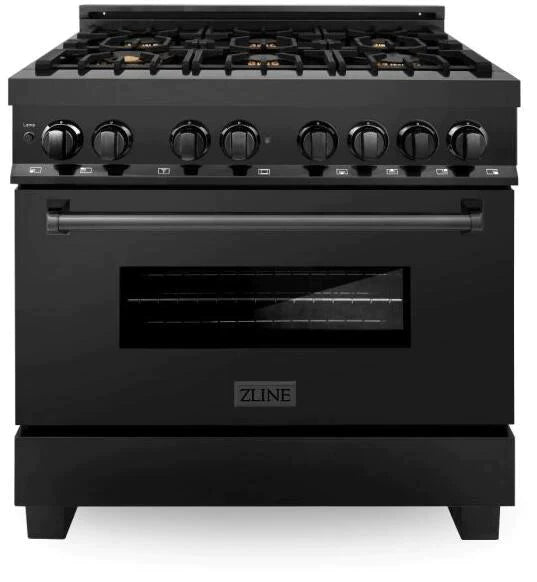 ZLINE Kitchen Package with Black Stainless Steel Refrigeration, Dual Fuel Range, Range Hood, Microwave Drawer, and 24" Tall Tub Dishwasher