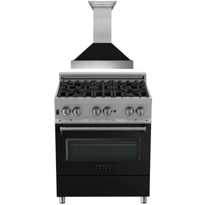 ZLINE Kitchen Package with DuraSnow® Stainless Steel Dual Fuel Range with Black Matte Door and Convertible Vent Range Hood