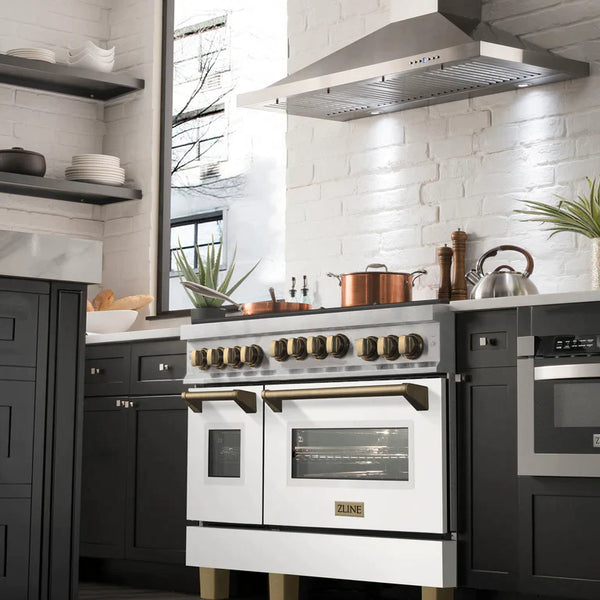 ZLINE Autograph Edition 48 in. Gas Range in DuraSnow® with White Matte Door and Champagne Bronze Accents 1