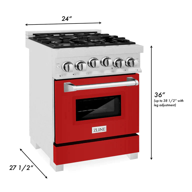 ZLINE 24 Inch 2.8 cu. ft. Range with Gas Stove and Gas Oven in DuraSnow® Stainless Steel and Red Matte Door 10